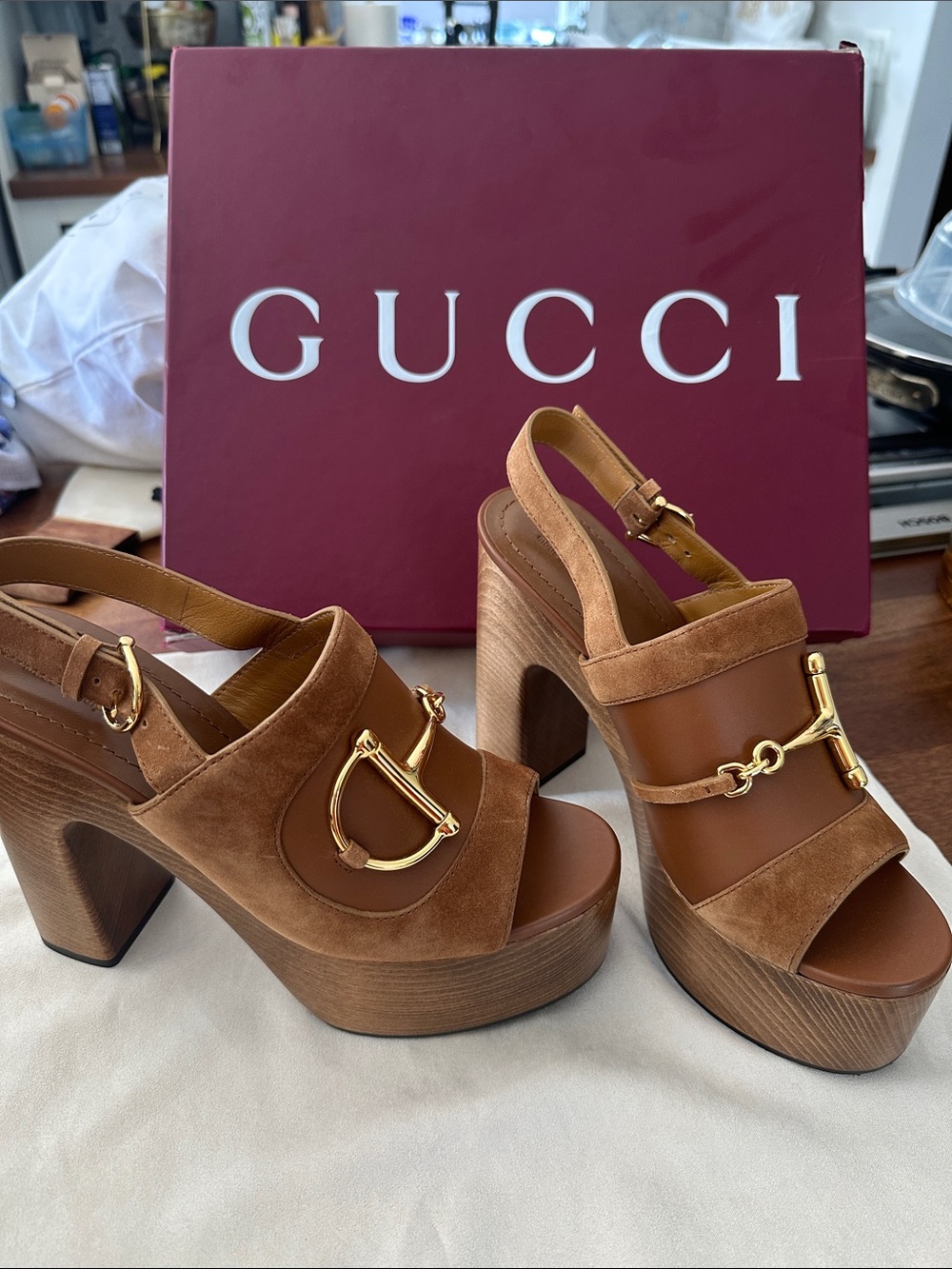 Gucci Tan Suede Platform Slingback Sandals with Gold Hardware - NEW